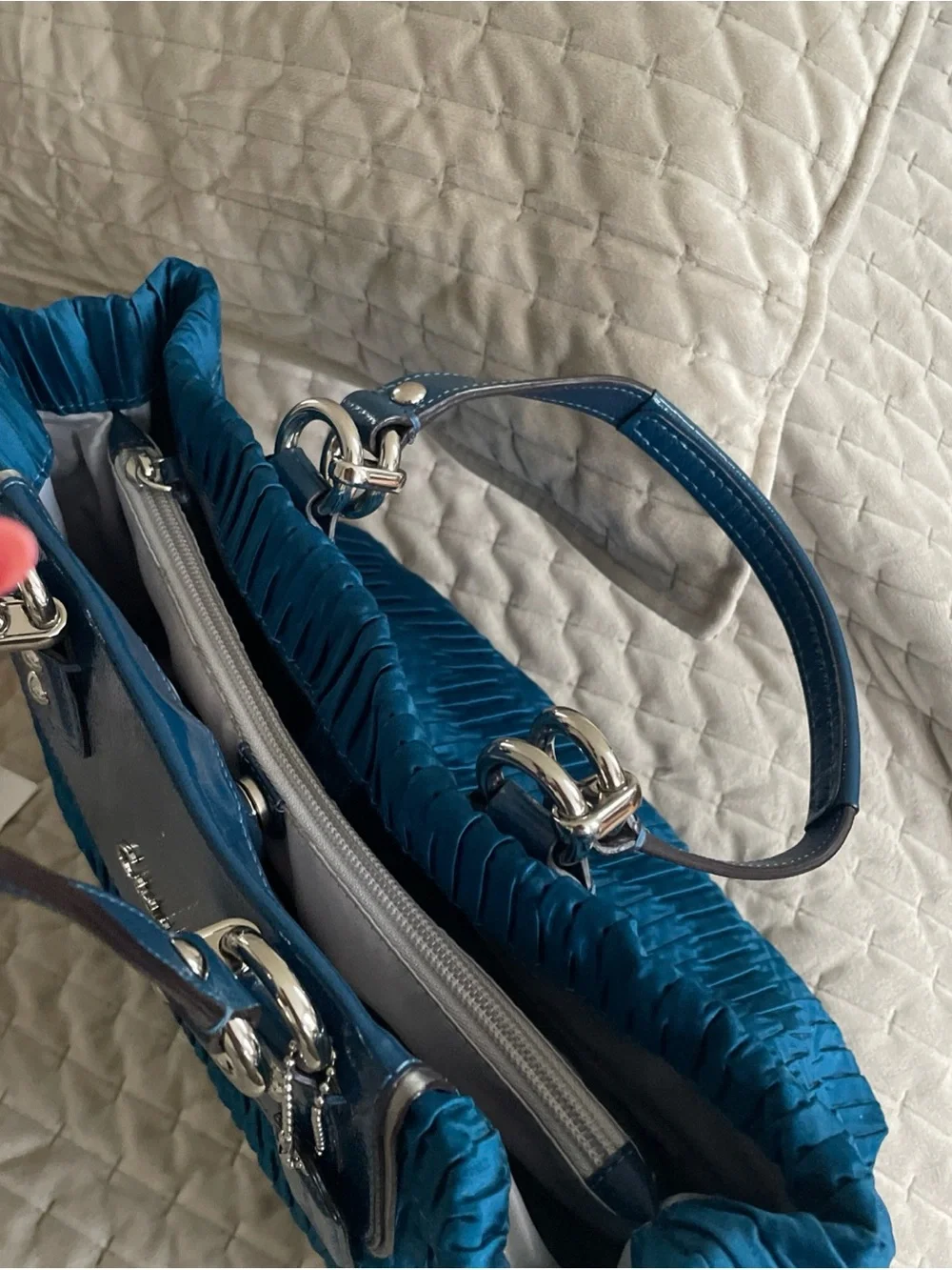Coach Ashley Ocean Blue Pleated Tote satchel with Leather Trim